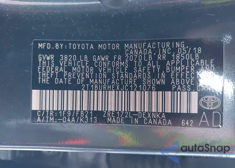 2018 Toyota Corolla Le from USA, damaged, VIN 2T1BURHEXJC121076